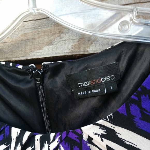 Max & Cleo Dark Purple White Black Lilac Dress LS Ties In Back - Picture 8 of 16
